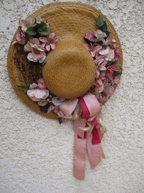 CHAPEAU ANCIEN VINTAGE PAILLE RUBAN VIEUX ROSE T 56-57