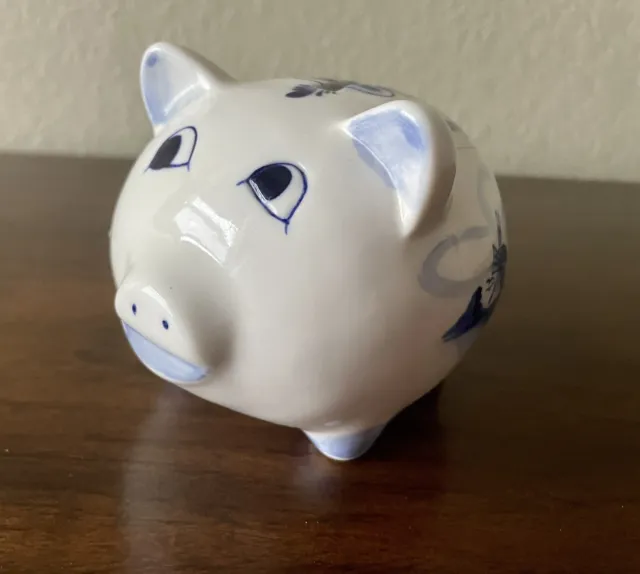 Vintage Delft Holland Ceramic Pig Piggy Bank Hand Painted Windmill Blue/White