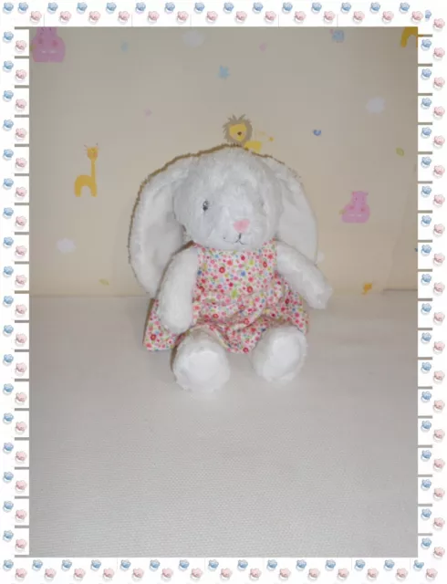 Doudou Peluche Lapin Blanc Robe Petites Fleurs  Pommette