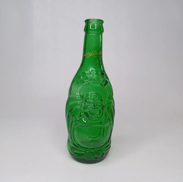 Lucky Buddha Enlightened Beer Green Glass Figural Empty Bottle 16 OZ Collectible