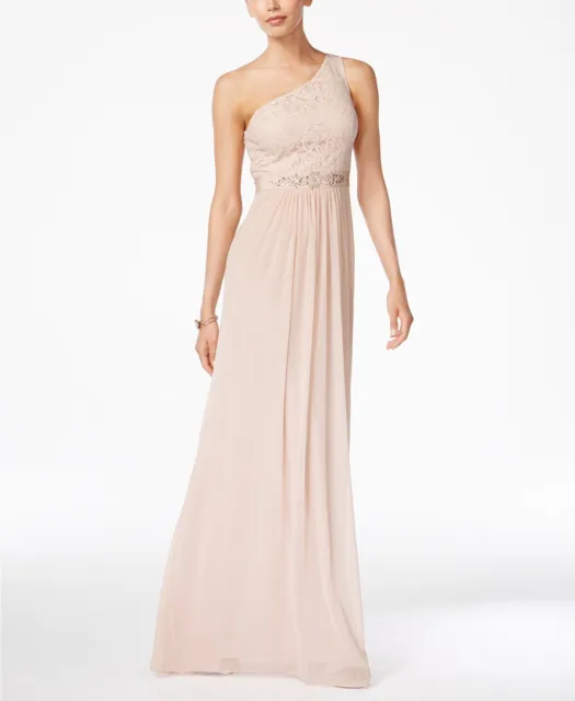 $298 Adrianna Papell Womens Pink Embellished Lace One-Shoulder Gown Dress Size 8
