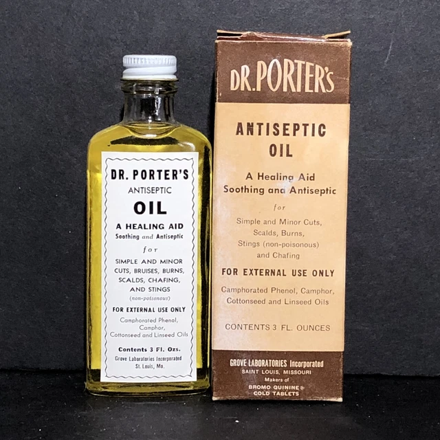 Aceite curativo de colección Dr. Porter ~ Grove Laboratories - caja de botellas y documento nuevo de lote antiguo