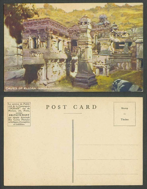 India Old Art Drawn Postcard CAVES of ELLORA Bombay Indes Ruins OCEAN Adverts Co