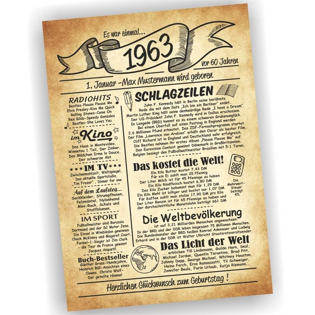 GEBURTSTAGSURKUNDE URKUNDE ZUM Geburtstag Geschenk 1963 60 Jahre