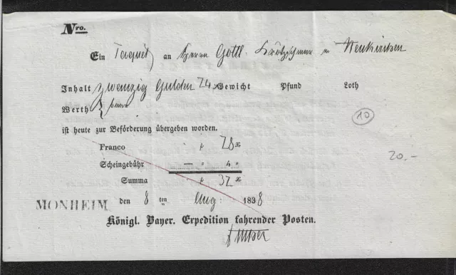 AA199) Vorphila Beleg Monheim 1838