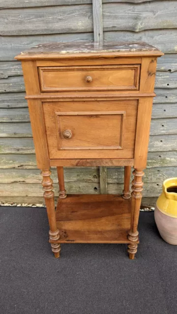 French Walnut Marble top Bedside Table, Cabinet