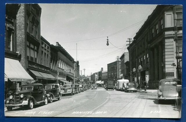 Manistee michigan mi River Street 1930s old autos cars real photo postcard RPPC