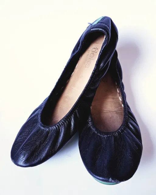 Tieks Ballet Flats Foldable Shoes Black Leather Turquoise 6