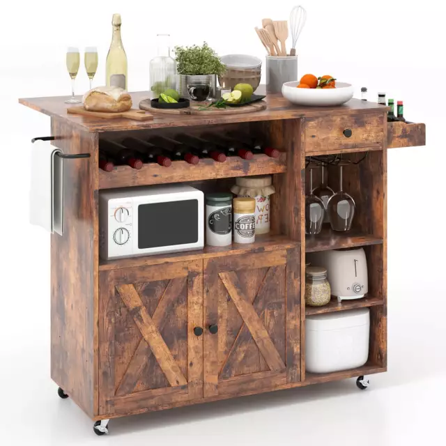 Rolling Kitchen Island Cart w/ Drop Leaf Wine Rack Stemware Holder Rustic Brown