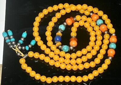 54CM Old Tibetan Natural Beeswax Turquoise Exorcism Amulet Talisman Necklace