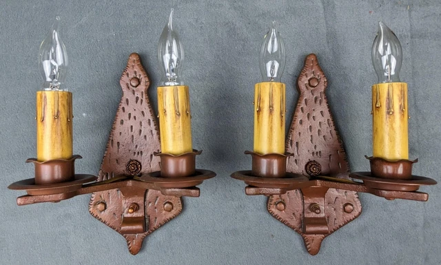 1920's Arts & Crafts Sconces, Double Candle, Cast Iron, Rewired, Rotary Switches