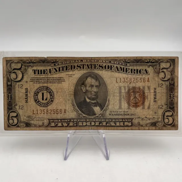 1934 $5 Hawaii Federal Reserve Bank Note. Lot.36