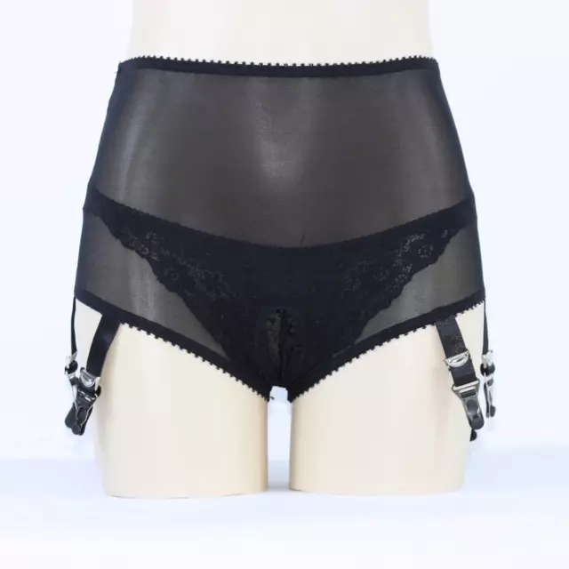 Allacki Open Crotch 6 Straps Garter Belt Sheer Mesh Girdle with Metal Clips