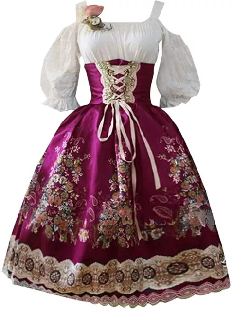 Vintage Dress Women Retro Printing Slim Fit Princess Dress Lace Stitching Lolita