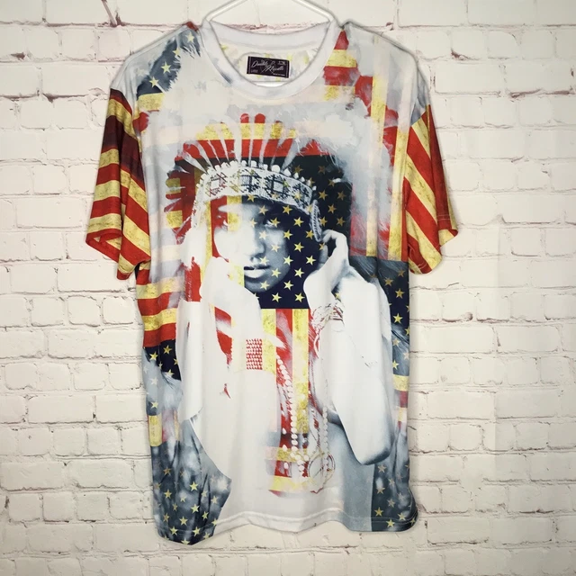 Double Needle Mens Large Size L T-Shirt Jersey Shirt White USA Flag Indians Logo