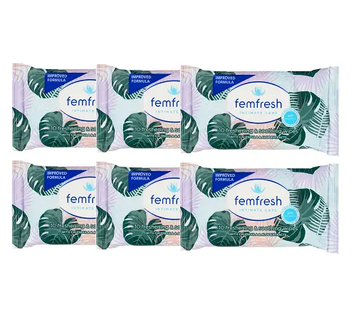 * 6 x Femfresh Intimate Care Pocket Wipes 10 (Total 60 Wipes) Travel Pack