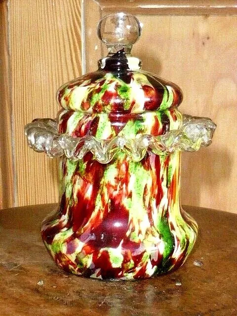 Rare Antique Bohemian Czech Franz Welz Aventurine Spatter Glass Lidded Jar c1890