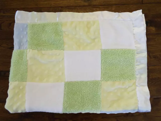 Carters Just One Year White Satin Trim Green Blue Patchwork Squares Baby Blanket