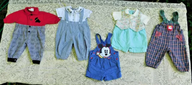 5 Vintage Baby Boy Rompers Overalls Oshkosh Baby Mickey More 6 - 18 Months