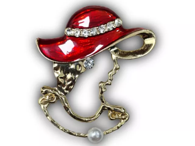 Red Hat Lady Vintage Style Crystal Brooch Gold Diamante Pearl Broach Pin Gift