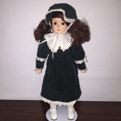 Porcelain Doll Green Velvet Dress w/ White Details Brown/Red Hair Brown Eyes 15"