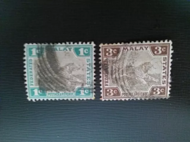 Federated Malay States Used Stamps 1900-1 Tiger 1 Cent Grey & Green & 3 Cent Bro