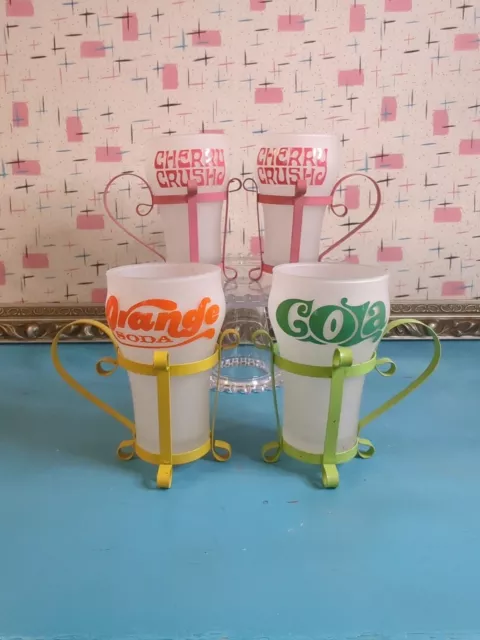 Vintage MCM Soda Fountain Mugs Glasses With Metal Holder Cherry Crush Orange...