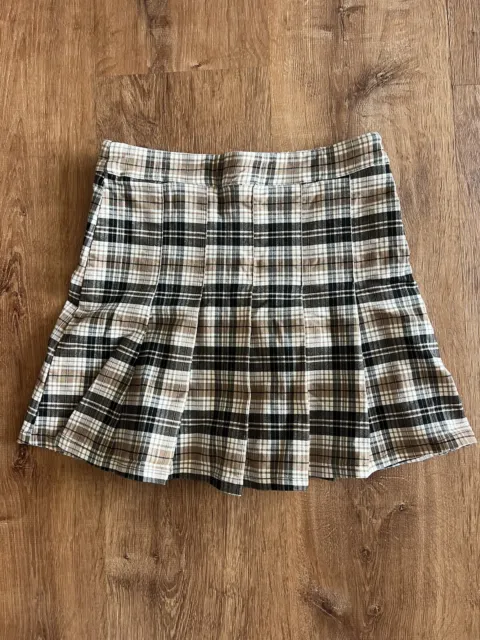 Papaya Skirt Womens Size Large Pleated Mini Skirt Tan Black White Plaid Side Zip