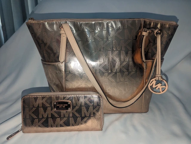 Michael Kors Tote Jet Set Metallic MK Lrge Bag Shiny Rose Gold W/Matching Wallet