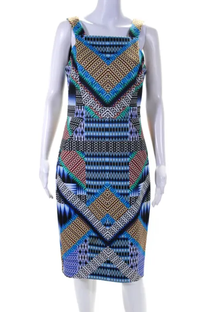 Karen Millen Womens Back Zip Square Neck Abstract Sheath Dress Blue Multi Size 8
