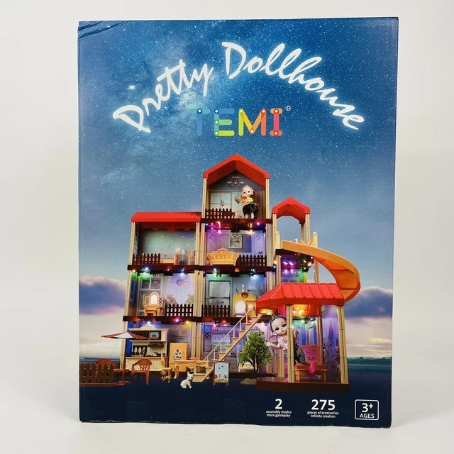 Temi Pretty Dollhouse DIY Dreamhouse Kit Decorations w/ Furniture, Accessories