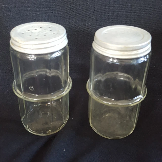 VINTAGE pair SPICE JARS HOOSIER STYLE OLD GLASS aluminum LIDS kitchen cabinet