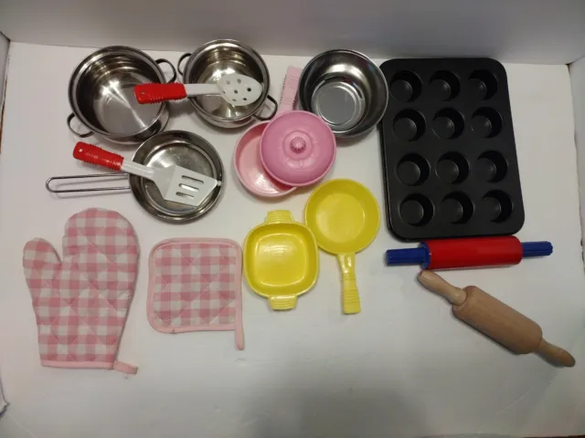 16 Pc Toy Pretend Pots Pans Cooking Utensils Cup Cake Tin and More