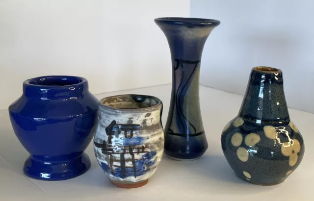 LOT 4 Vintage Stoneware Pottery Bud Vase Blue White Glaze Handmade