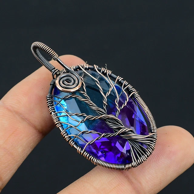 Bi Color Tourmaline Gemstone Handmade Copper Wire Wrap Jewely Pendant 2.1"