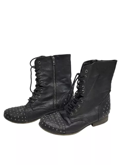 Madden Girl Gewelz Black Studded Lace-Up Side Zip Lace Up Combat Boots Size 9.5