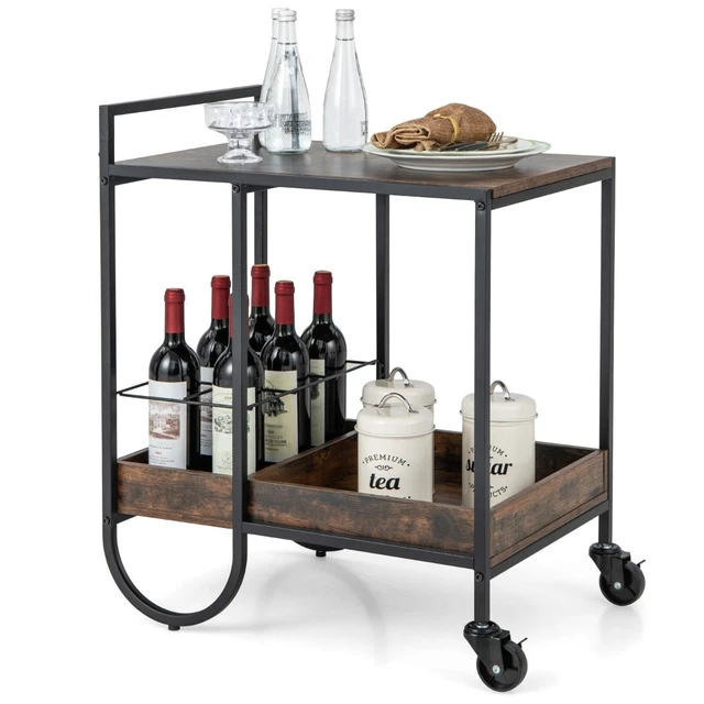 Carrello Industriale Da Bar Con Scaffale Porta Bottiglie in Metallo, Marrone