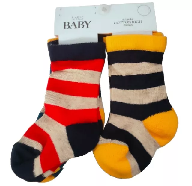 Baby Boys Socks Newborn Up To 2 Years 4 Pairs M&S Cotton Rich Stripey Sizes 0-5 3