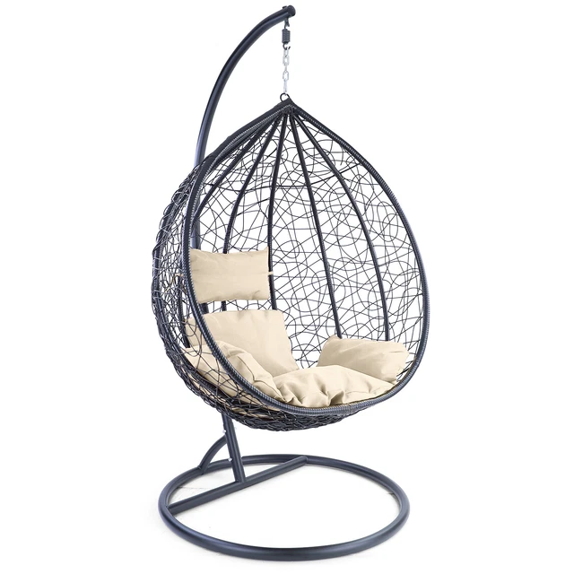 Luxus Hängesessel Schaukel Korb Gestell Schwarz mit Sitzkissen Beige XXL