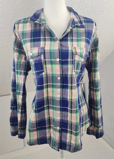 Old Navy Womens Size XL Blue Green Long Sleeve Button Up Plaid Shirt