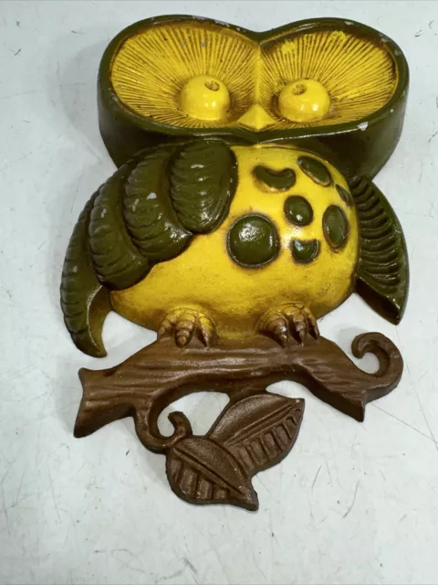 Vintage 1970 Sexton Owl Cast Aluminum Wall Art Hanging Decor Green Yellow Brown 2