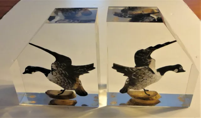 2 Vtg Canada Unique Lucite Bookends Imbedded Hand Carved Painted Wood Geese