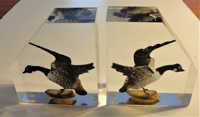 2 Vtg Canada Unique Lucite Bookends Imbedded Hand Carved Painted Wood Geese