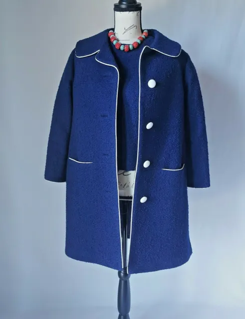 Vintage Custom Made 2Pc Tweed Wool Top + Overcoat Button Navy Blue Women Sz.10