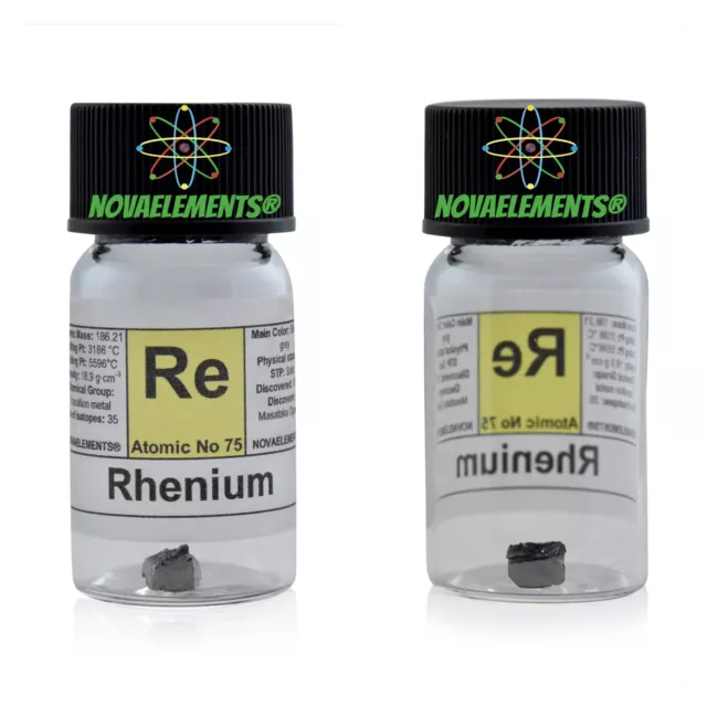 Rhenium metal pellet 0.5 grams 99.99% pure in labeled glass vial for collection