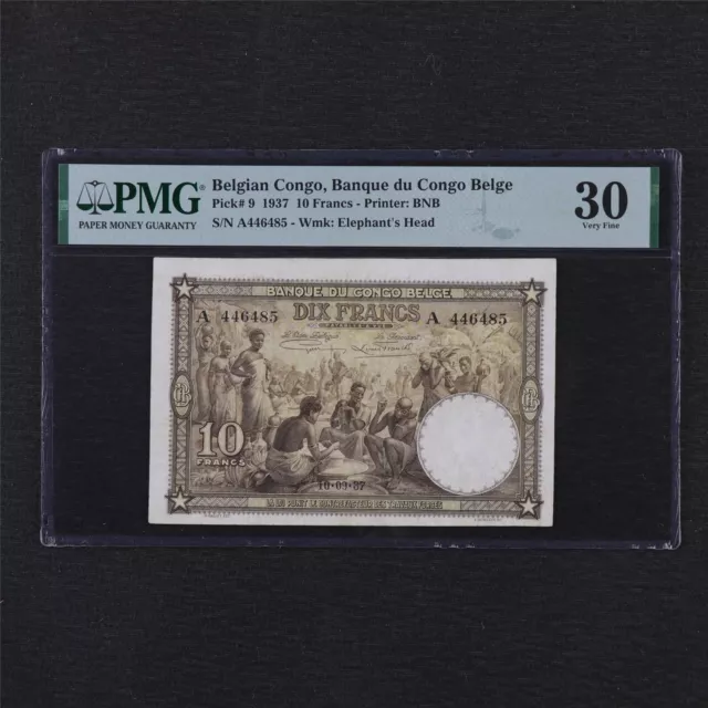 1937 Belgian Congo Banque du Congo Belge 10 Francs Pick#9 PMG 30 Very Fine