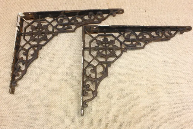 2 Old Shelf Brackets 6 X 8" Vintage Rustic Cast Iron Victorian 1880’s Hex Web