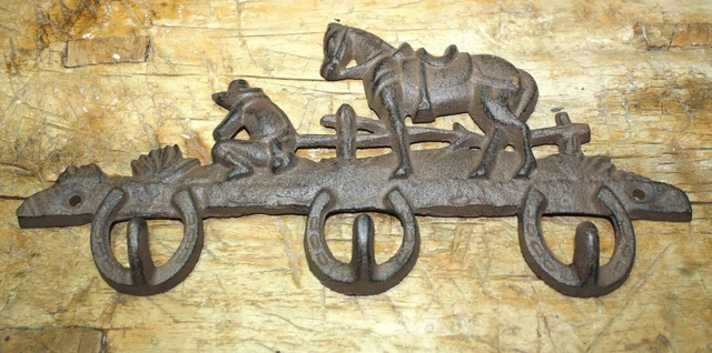 Cast Iron HORSESHOE HORSE Towel Coat Hooks Hat Hook Key Rack COWBOY Rustic Ranch