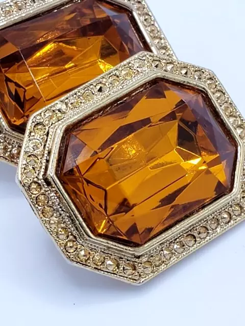 Vintage Amber Citrine Faceted Emerald Cut Glass Stone Clip On Earrings Gold Tone