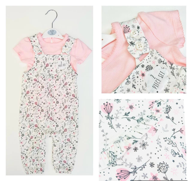 Baby Girls Dungaree Set Outfit GEORGE Pink Floral 2 Piece Bodysuit Trousers 6-9